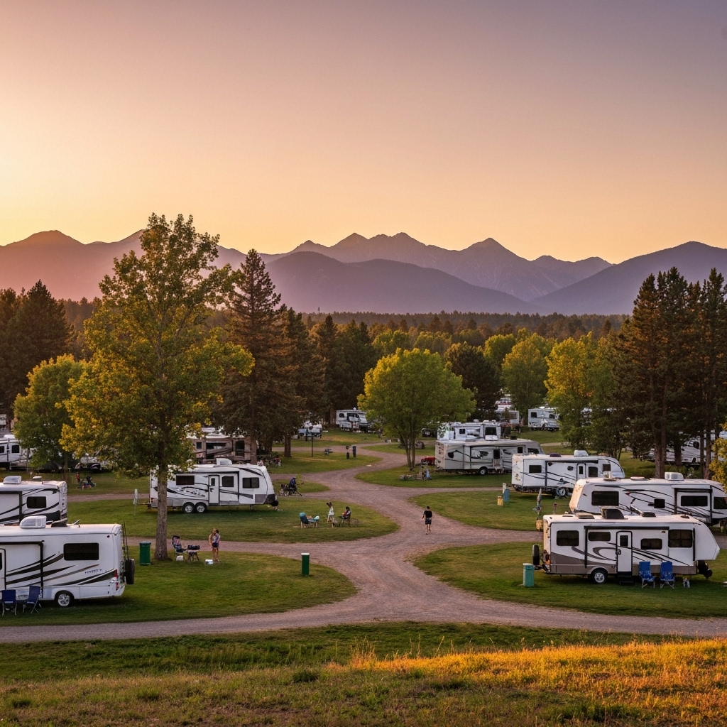 Beautiful campground scene with RVs and tents at golden hour sunset